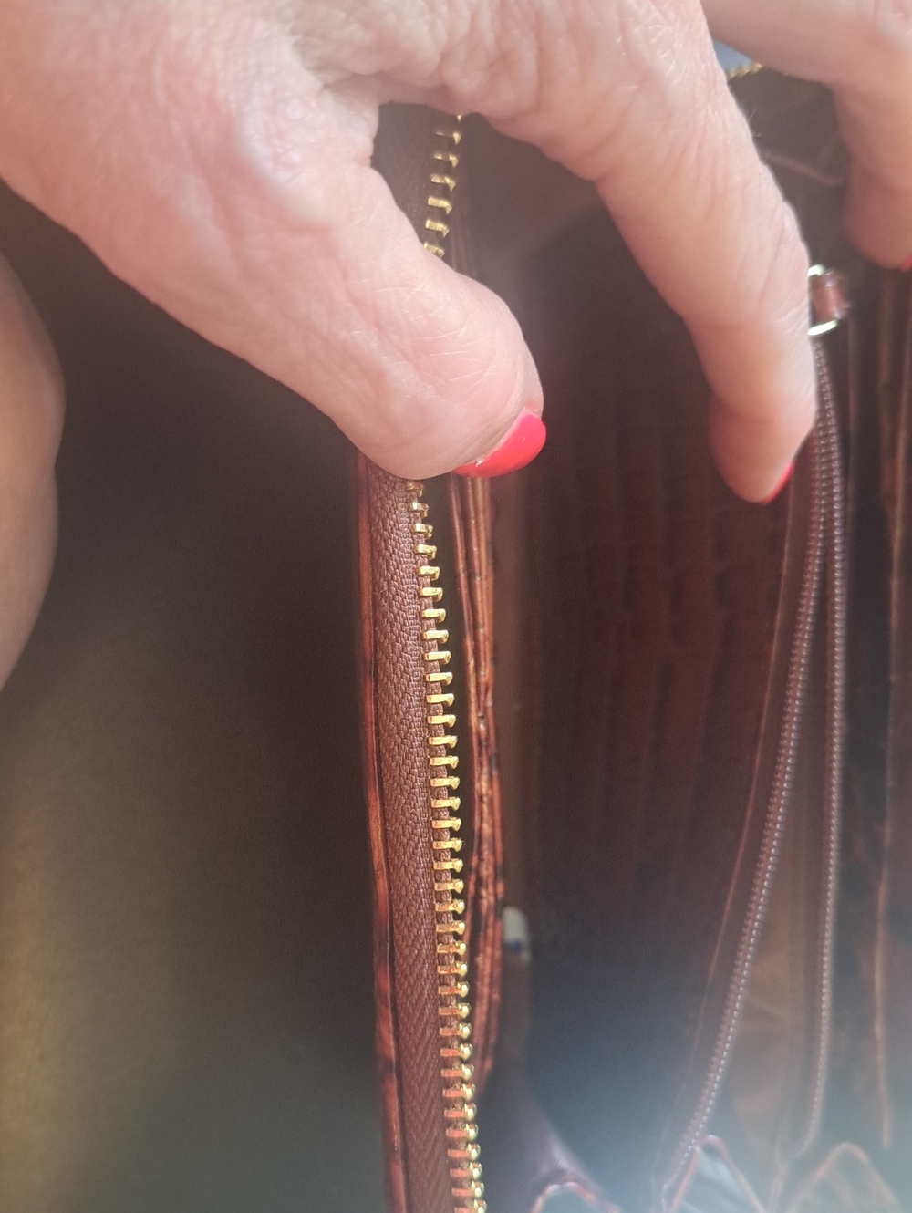 Brown Croc-Embossed Zip Wallet with Gold Plate - Picture 6 of 8